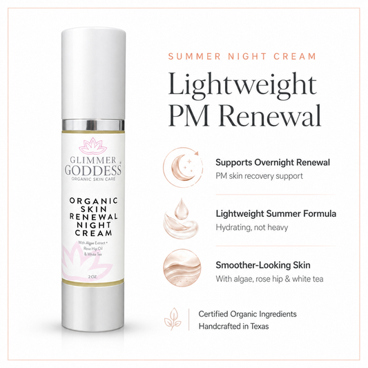 Organic Skin Renewal Night Cream by Glimmer Goddess® Organic Skin Care, 2 oz, moisturizing cream with anti-aging benefits.