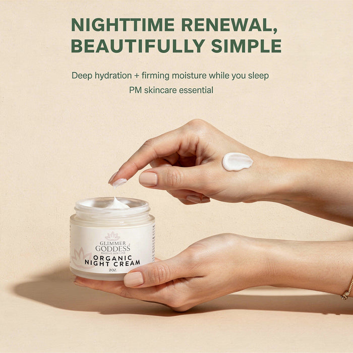 Glimmer Goddess Organic Skin Renewal Night Cream in a jar, showing a natural skincare scene with cream and botanical ingredients.