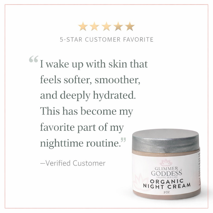 Organic Skin Renewal Night Cream by Glimmer Goddess® Organic Skin Care, 2 oz jar with creamy moisturizer for anti-aging.