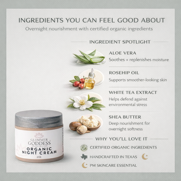 Glimmer Goddess Organic Skin Renewal Night Cream 2 oz in a jar, moisturizing and anti-aging skincare for a refreshed complexion.