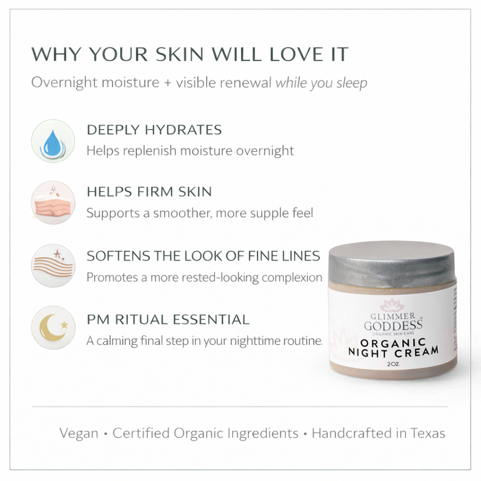 Organic Skin Renewal Night Cream by Glimmer Goddess® Organic Skin Care, 2 oz, anti-aging moisturizer for rejuvenating overnight skincare.