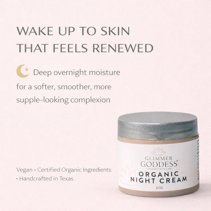 Glimmer Goddess Organic Skin Renewal Night Cream in 2 oz jar, anti-aging moisturizer for revitalized, youthful skin at night.