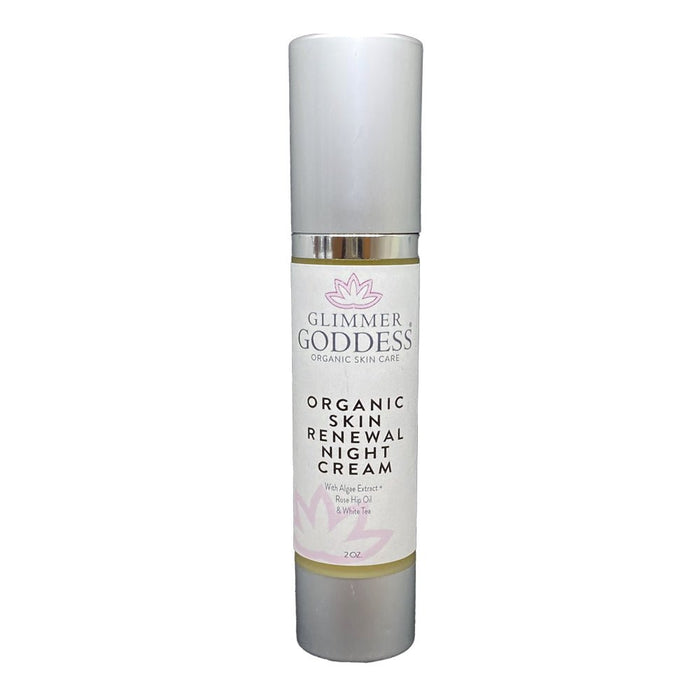 Organic skin renewal night cream with algae, rose hip oil & white tea in sleek silver bottle
