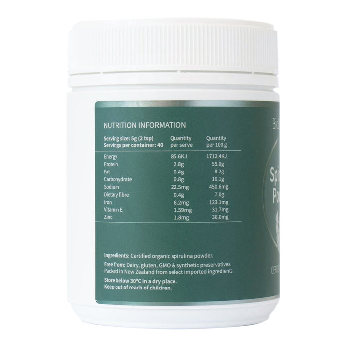 Nutrition information label on BioBalance Certified Organic Spirulina Powder container. 200g.
