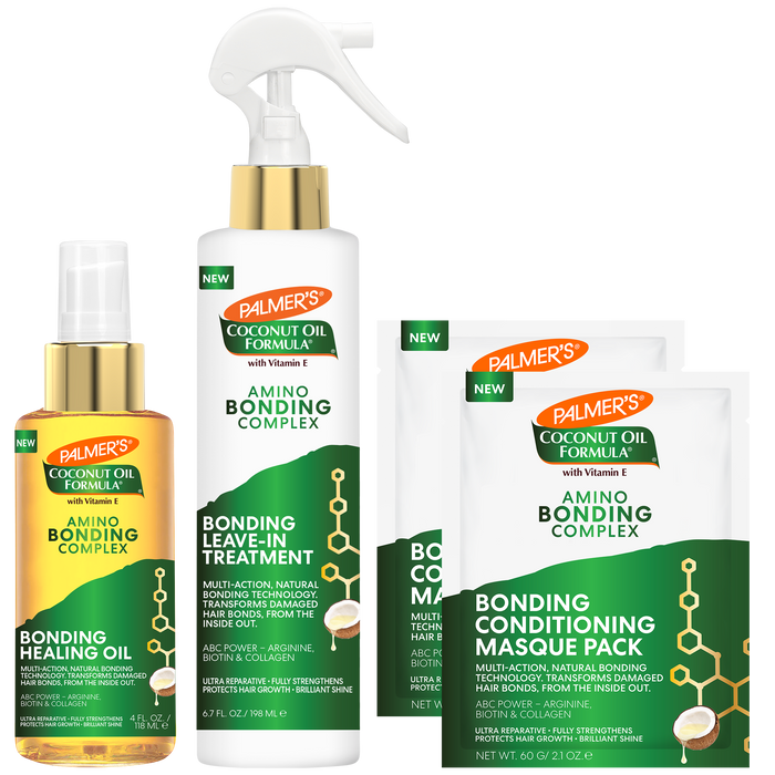 A Palmer's Coconut Oil Formula hair bonding treatment set on a white background, including a Bonding Oil bottle, a Bonding Leave-in Complex spray bottle, and two packages of the Bonding Conditioning Masque Pack.