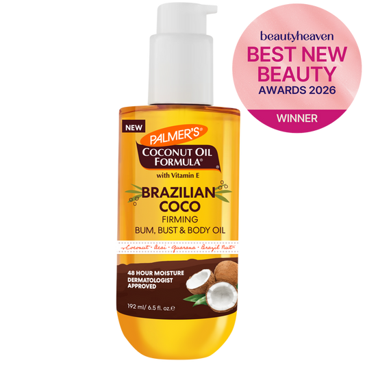 Palmer's Coconut Oil Formula Brazilian Coco oil bottle with pump on a white background, featuring 'Best New Beauty Awards 2026' badge.