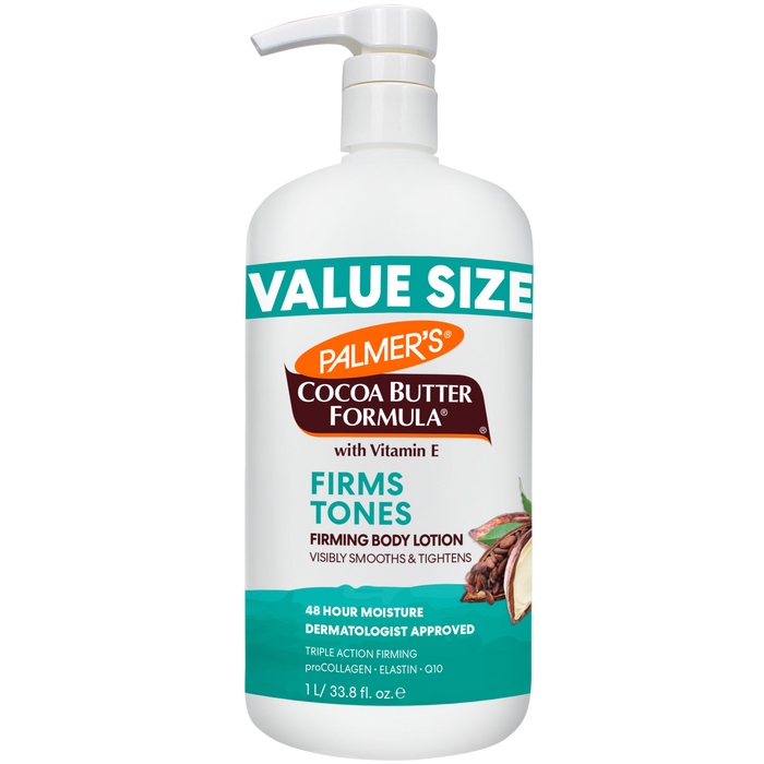 Palmer's Cocoa Butter Formula Firms and Tones lotion bottle on a white background