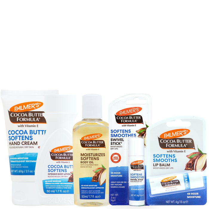 Four Palmer's Cocoa Butter Formula travel friendly skincare products arranged together on a white background: a hand cream tube, a body oil bottle, a swivel stick, and a lip balm pouch.