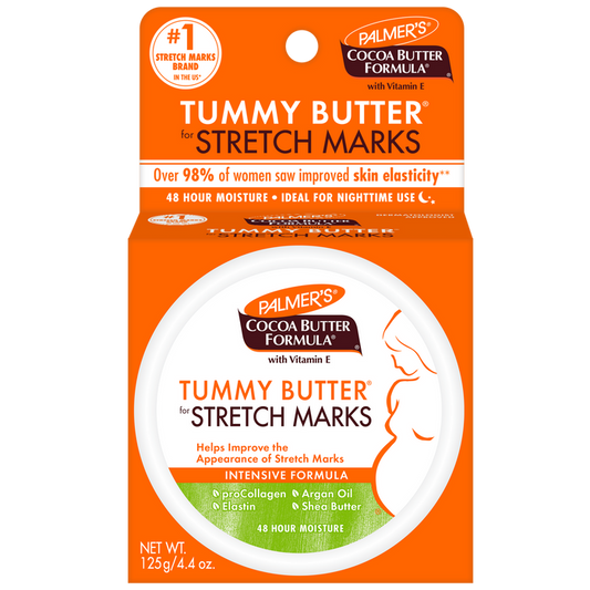 Palmer's Tummy Butter for Stretch Marks in its orange retail packaging, featuring a white round tub with a clear lid and a green lower section.