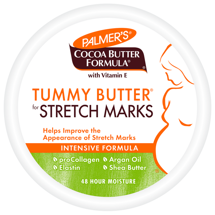 A round white container of Palmer's Cocoa Butter Formula Tummy Butter for Stretch Marks, featuring a white label with orange and green text and graphics.