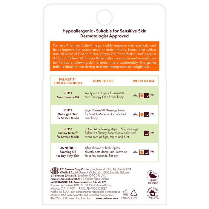 An informational product graphic for Palmer's Tummy Butter, detailing its hypoallergenic suitability and step-by-step instructions on how to use the skin therapy oil, massage lotion, and Tummy Butter. The layout features a white background with a prominent orange header, a light green usage chart, and product details at the bottom.
