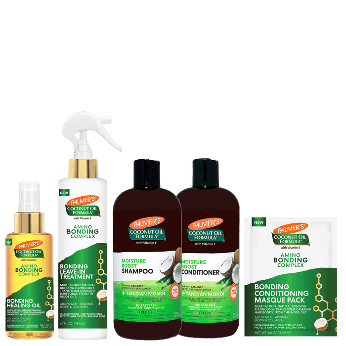 A Palmer's Coconut Oil Formula hair care bundle featuring Bonding Oil, Bonding Leave-in Treatment, Moisture Body Shampoo, Moisture Bond Conditioner, and a Bonding Conditioning Masque Pack on a white background.
