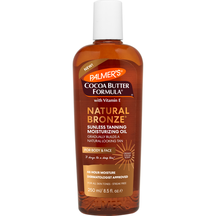 Palmer's Cocoa Butter Formula Natural Bronze sunless tanning moisturizing oil bottle on a white background