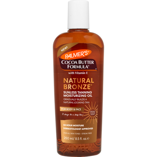 Palmer's Cocoa Butter Formula Natural Bronze sunless tanning moisturizing oil bottle on a white background