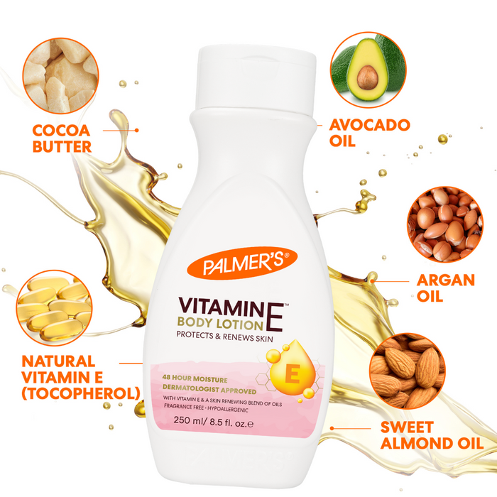 Palmer's Vitamine E body lotion with ingredients displayed around it on a white background