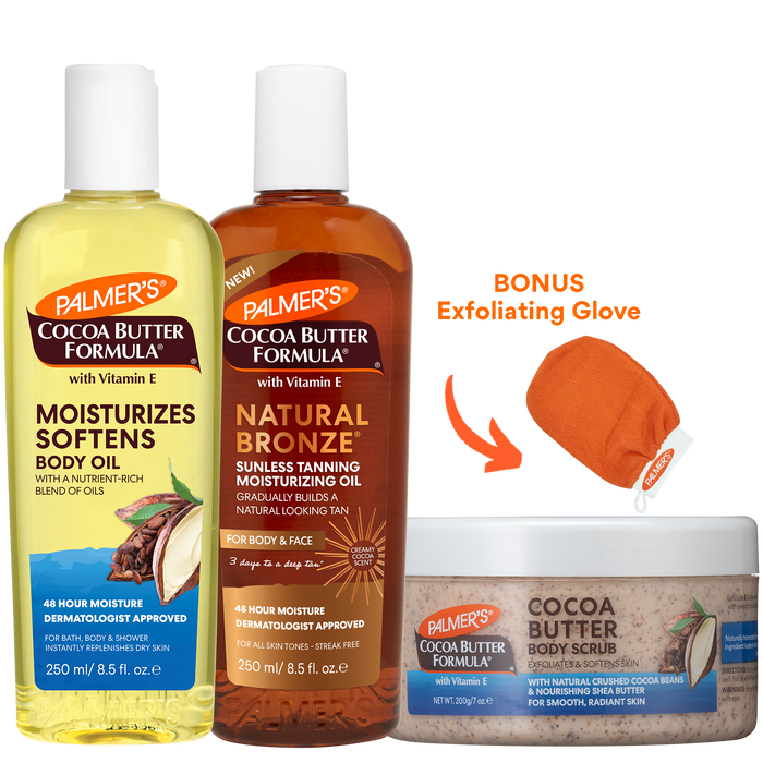 A Palmer's Cocoa Butter Formula body care set featuring a yellow bottle of Moisturizes Softens Body Oil, an amber bottle of Sunless Tanning Moisturizing Oil in Natural Bronze, a jar of Cocoa Butter Body Scrub, and a bonus orange exfoliating glove on a white background.