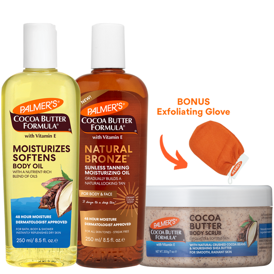 A Palmer's Cocoa Butter Formula body care set featuring a yellow bottle of Moisturizes Softens Body Oil, an amber bottle of Sunless Tanning Moisturizing Oil in Natural Bronze, a jar of Cocoa Butter Body Scrub, and a bonus orange exfoliating glove on a white background.