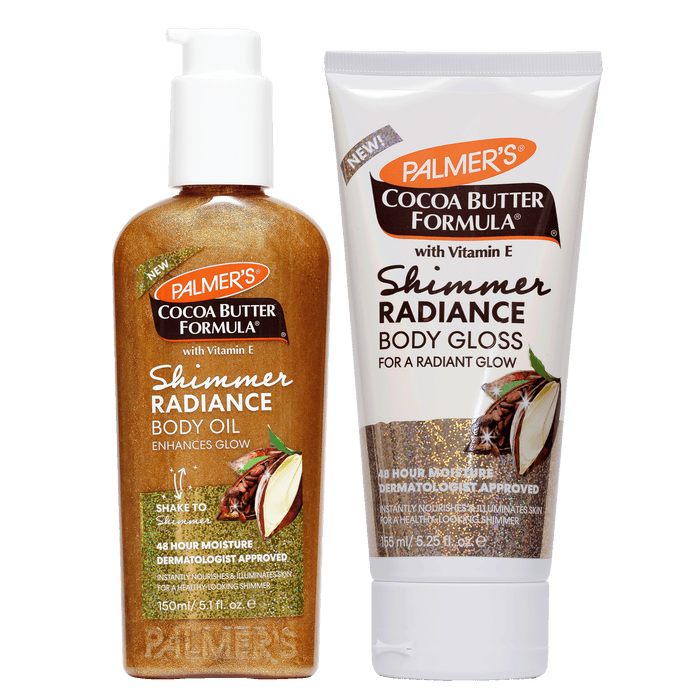 Palmer's Cocoa Butter Formula Shimmer Radiance Body Oil and Shimmer Radiance Body Gloss in squeeze bottle and tube packaging, shown on a white background.