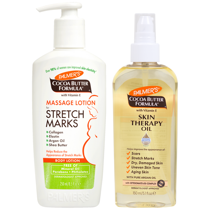 Two Palmer's Cocoa Butter Formula Stretch Mark and Skin Therapy Oil products on a white background: a white pump bottle of massage lotion for stretch marks and a clear bottle of skin therapy oil.