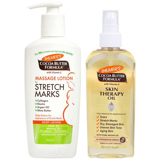 Two Palmer's Cocoa Butter Formula Stretch Mark and Skin Therapy Oil products on a white background: a white pump bottle of massage lotion for stretch marks and a clear bottle of skin therapy oil.