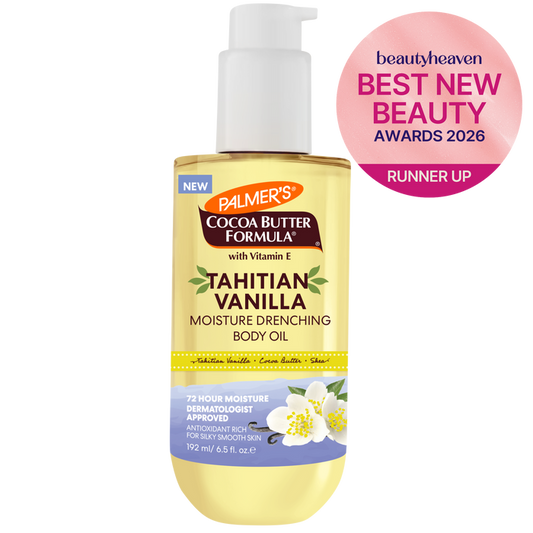 Palmer's Cocoa Butter Formula Tahitian Vanilla body oil bottle with a 'Best New Beauty Awards 2026' badge on a white background.