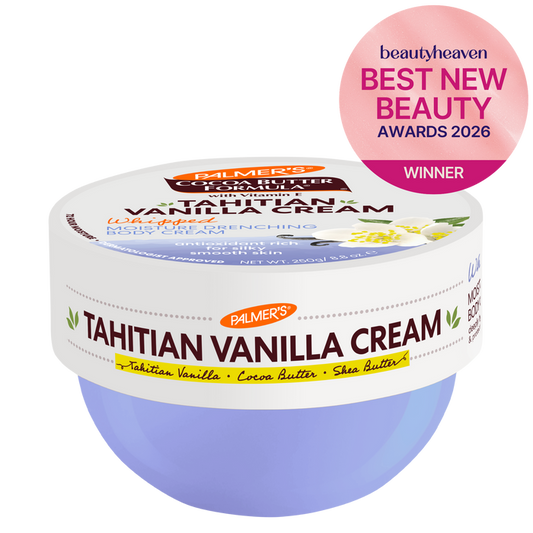 Palmer's Tahitian Vanilla Cream jar with 'Best New Beauty Awards 2026' badge on a white background