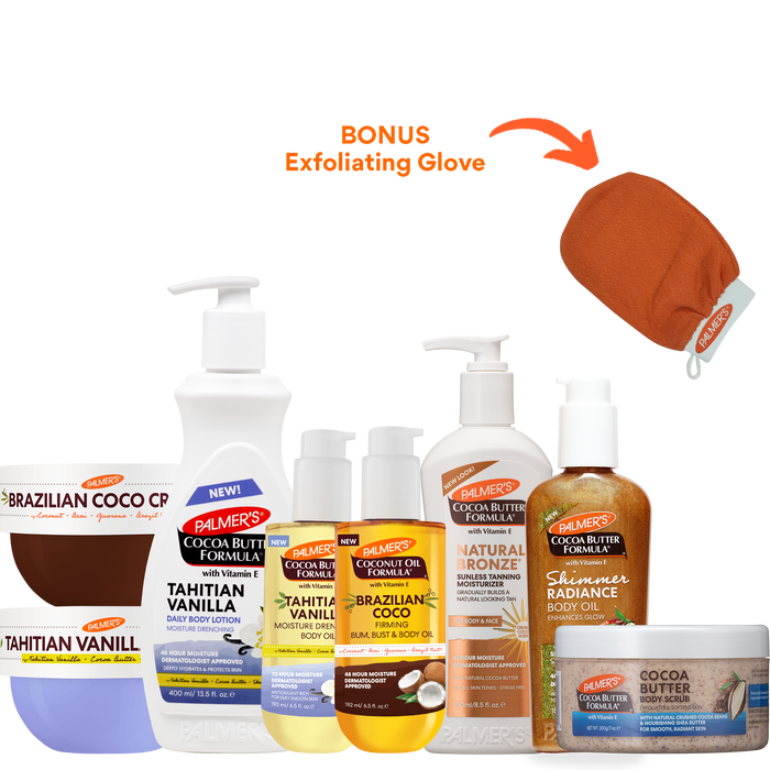 Palmer's Ultimate Glow Bundle products shown next to each other, with BONUS exfoliating glove in orange
