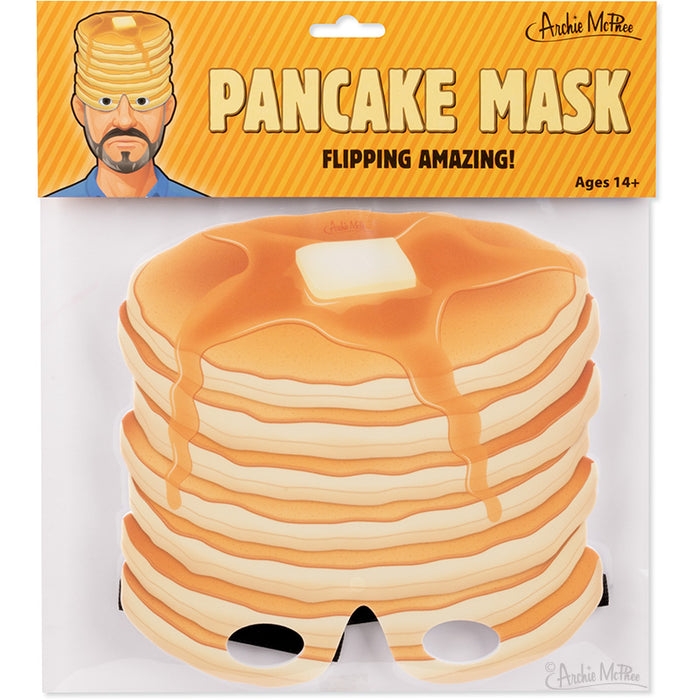 The Pancake Mask packaging features a stack of pancakes topped with syrup and a pat of butter, ideal for an adult costume. Crafted from EVA foam, it brings a creative flair to any celebration.
