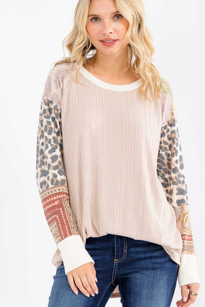 Patchwork Rib Knit Pullover Top