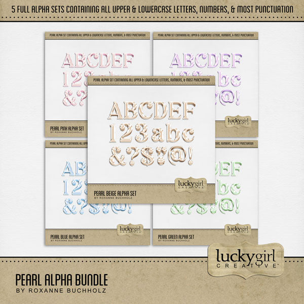 Capture the special moments in life with these digital scrapbooking alphabet letters, numbers, and punctuation by Lucky Girl Creative digital art. Great for page titles for spring, summer, fall, autumn, winter, wedding, birthday, baby, special events, and more! The Pearl Alpha Bundle consists of 5 full sets of digital art uppercase letters A-Z, lowercase letters a-z, numbers 0-9, and most punctuation marks. These alpha sets are available as individual embellishments only.