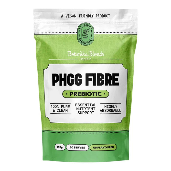Green package of PHGG Fibre prebiotic supplement with Botanika Blends branding.