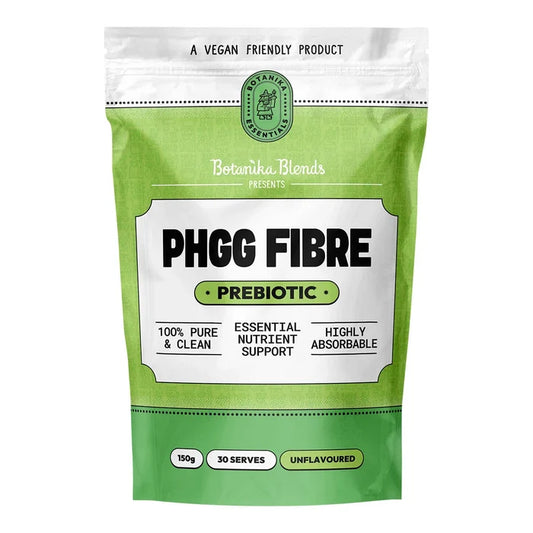 Green package of PHGG Fibre prebiotic supplement with Botanika Blends branding.