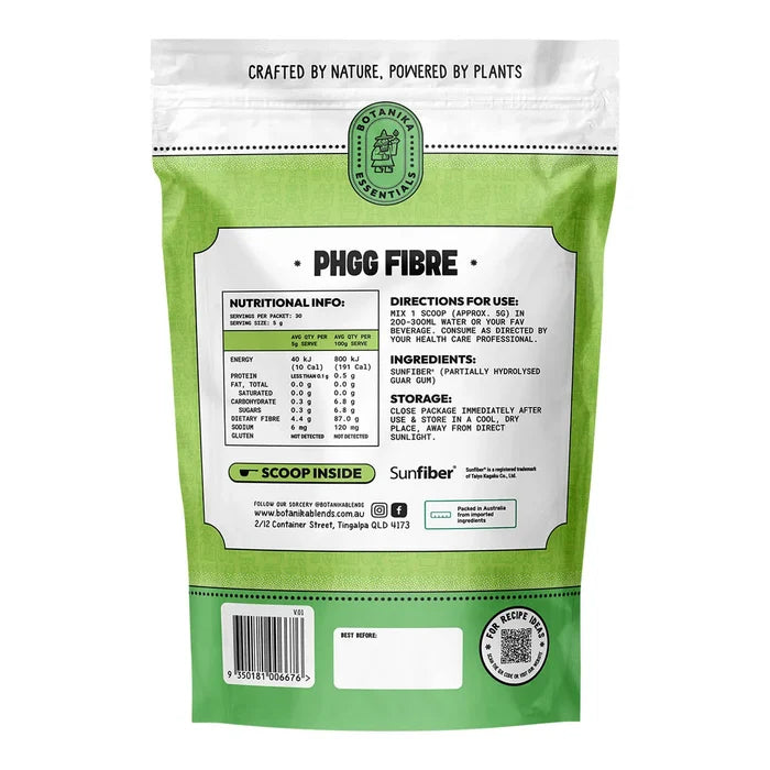 Green package of PHGG Fibre with nutritional information and branding on a white background