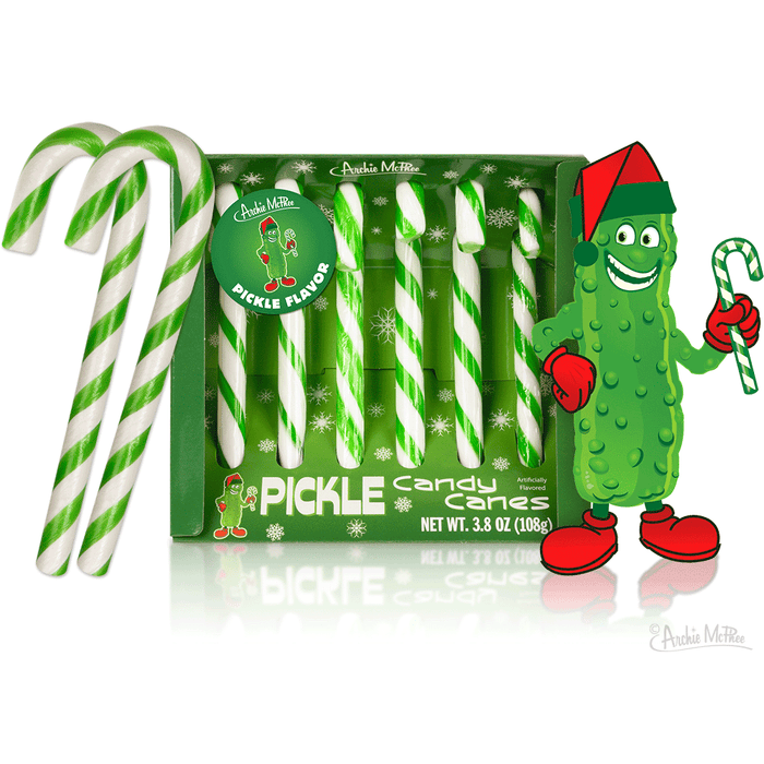 The Pickle Candy Canes box showcases a cartoon mascot, Santa Pickle, wearing a festive Santa hat.