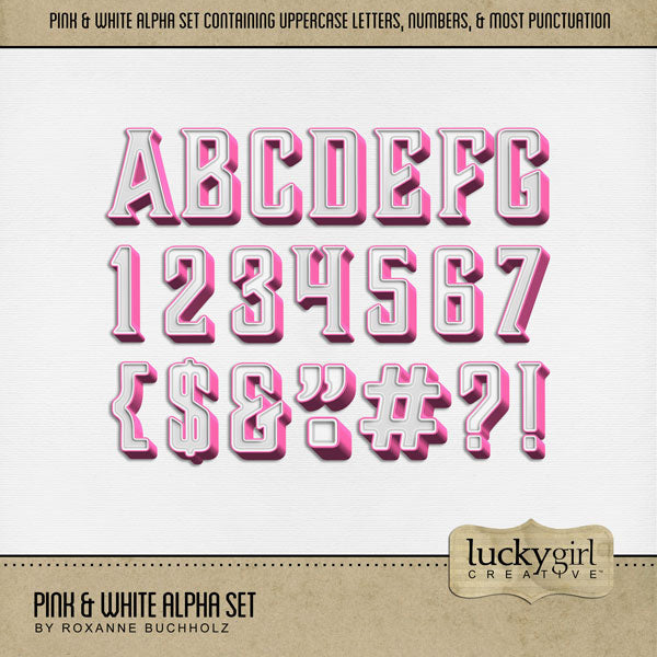 These sweet pink and white alphabet and number digital scrapbooking embellishments by Lucky Girl Creative digital art are easy to use for everyday digital scrapbook page titles and special occasions such as Valentine's Day, Easter, baby, and feminine pages. The Pink & White Alpha Set consists of a full set of digital art uppercase alphabet letters A-Z, numbers 0-9, and most punctuation marks. This alpha set is available as individual embellishments only.