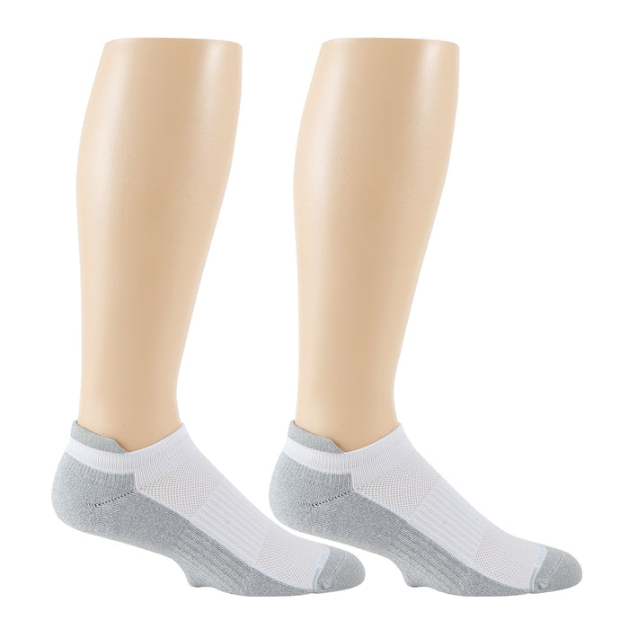 Ankle compression socks in white and gray, displayed on mannequin legs.