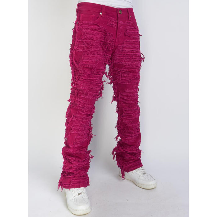 PLTKS Jeans Fucshia Trashed Distressed Stacked Flare (Debris507) - Women's stylish and trendy denim with distressed detailing in a vibrant fuchsia color