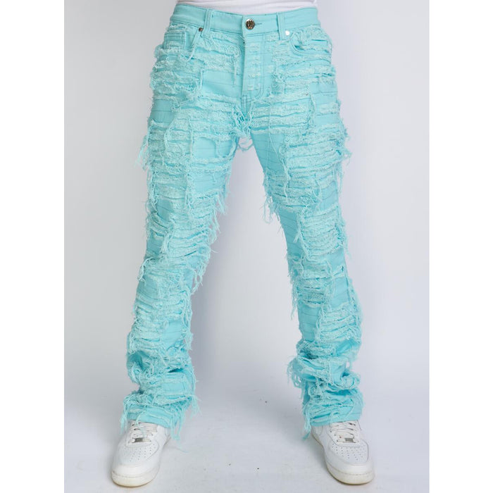 Front view of PLTKS Jeans Light Blue Trashed Distressed Stacked Flare (Debris503) with ripped knees and frayed hems