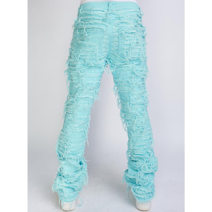 Close-up of back pockets of PLTKS Jeans Light Blue Trashed Distressed Stacked Flare (Debris503) with intricate stitching