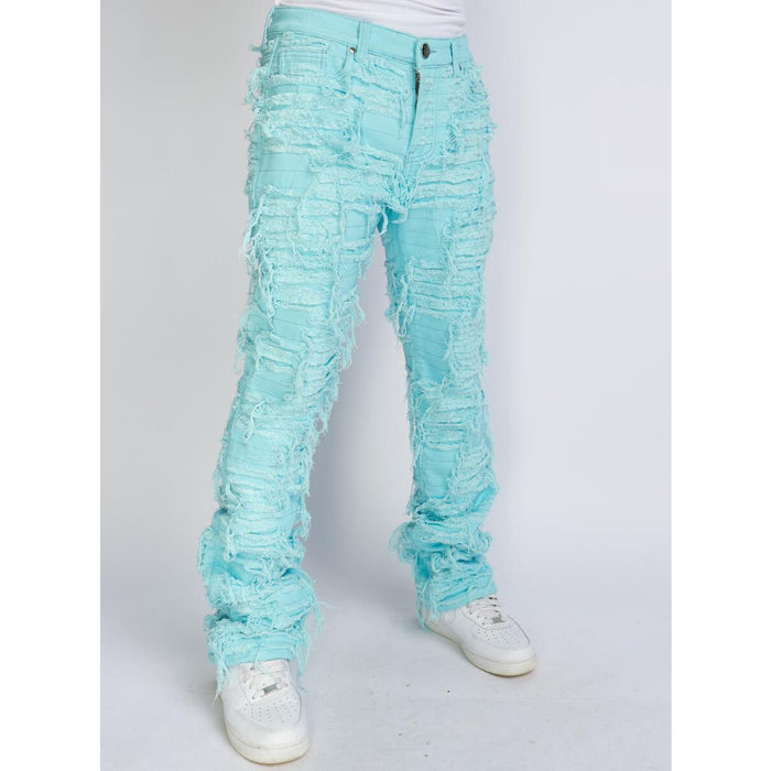 Side view of PLTKS Jeans Light Blue Trashed Distressed Stacked Flare (Debris503) showcasing stacked flare