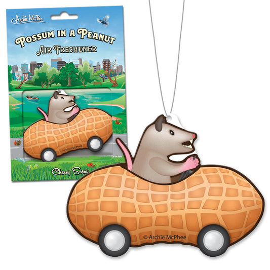 The Possum in a Peanut Air Freshener, with its delightful cherry aroma and unique peanut car shape, is elegantly displayed against an illustrated cardboard sleeve backdrop.