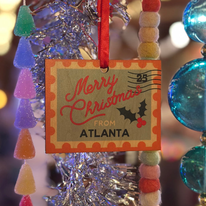 Postage Stamp Atlanta Merry Christmas Wood Ornament
