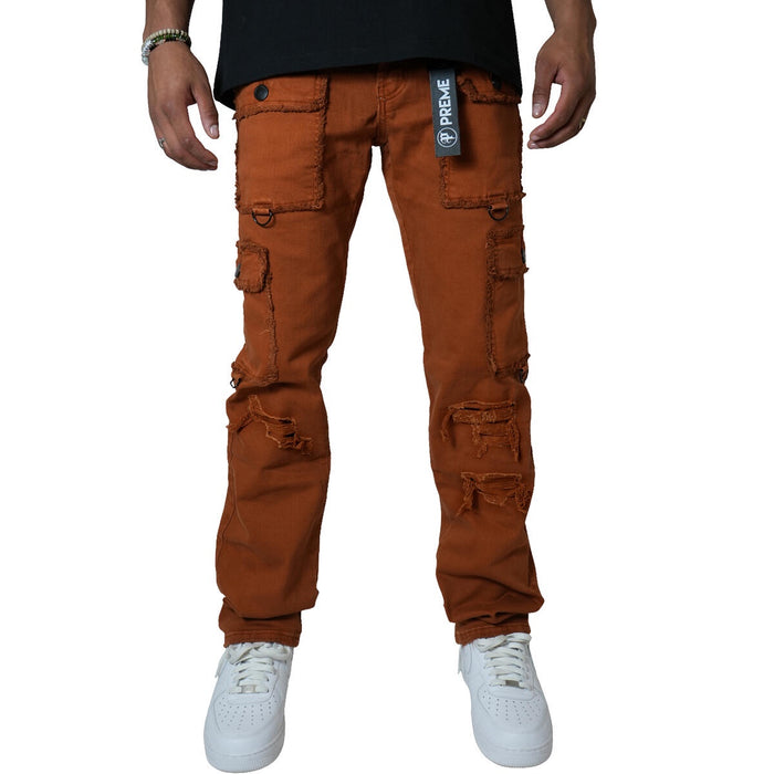 PREME British Khaki Ripped Cargo Denim Jeans (PR-WB-1285) - Front view of high-quality, stylish cargo jeans with distressed details and multiple pockets