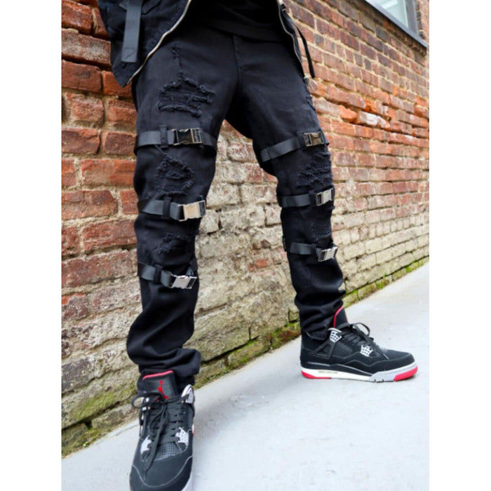 Black denim jeans with distressed details and buffalo embroidery, style PR-WB-858