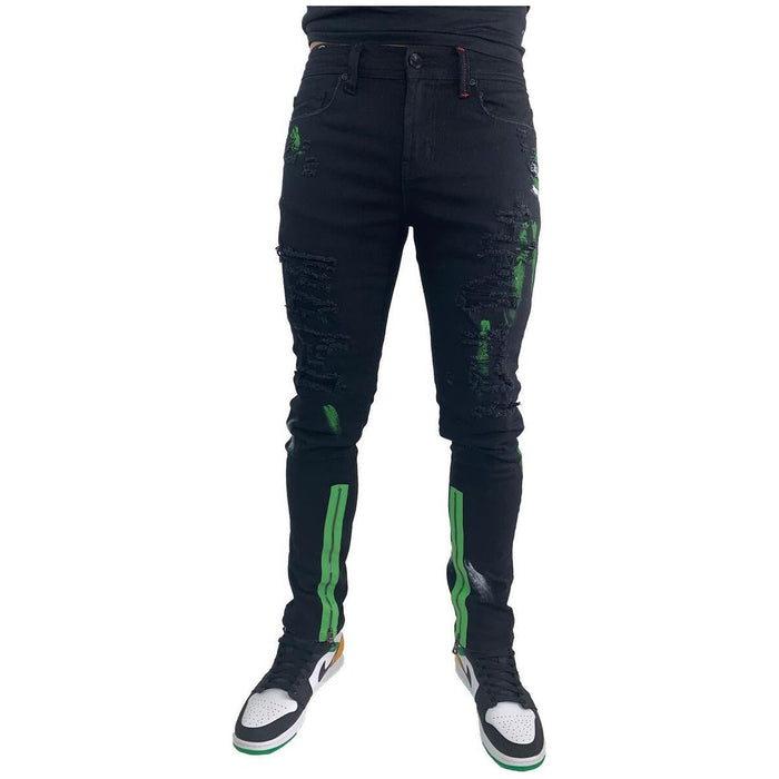 High-quality Preme Buffalo Green Handpaint Denim Jeans (PR-WB-728) showcasing unique hand-painted detailing and premium denim fabric