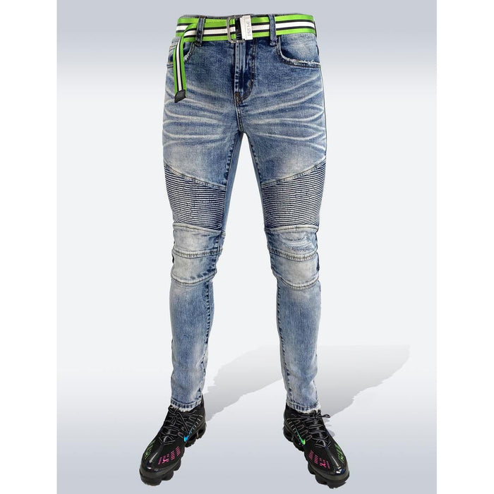 Dark indigo denim jeans with moto-inspired style and belted waist
