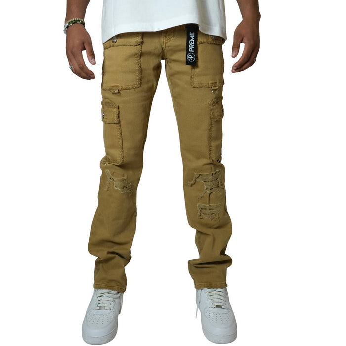 PREME Khaki Ripped Cargo Denim Jeans (PR-WB-1285) on a model walking down the street
