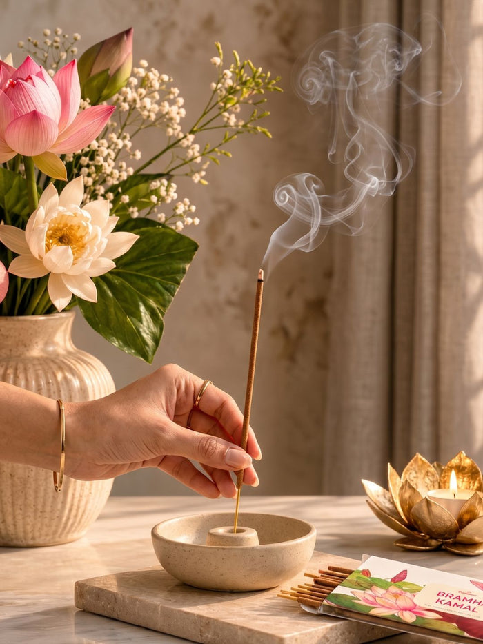 Burning Brahmakamal fragrance incense stick with pack and loose incense sticks on tray