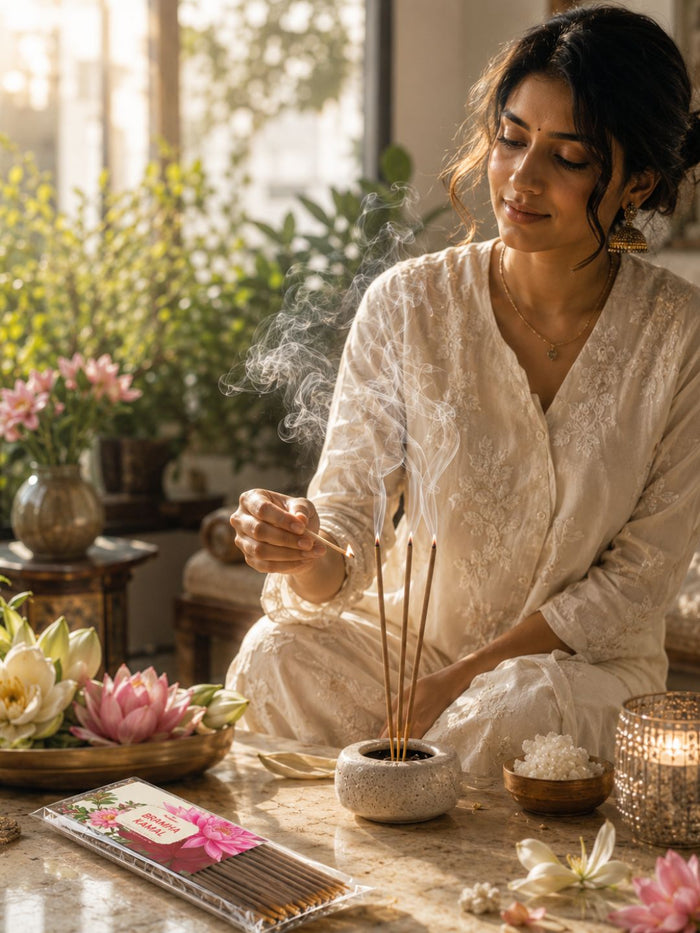 Brahmakamal fragrance incense sticks burning with small holder, pack and sticks beside