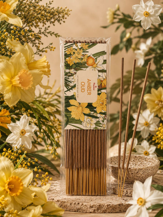 Amber oud agarbatti incense sticks pack with decorative flowers and wooden holder